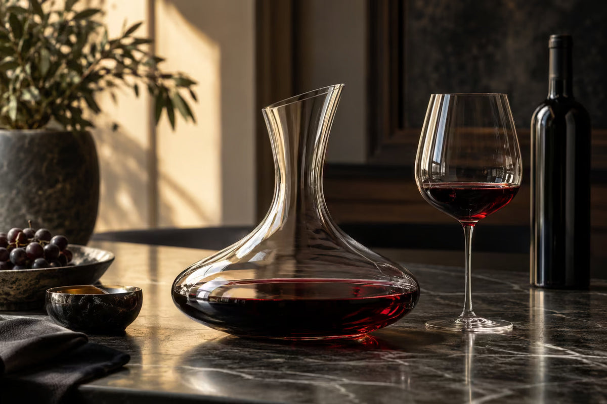 Decantador de vino tinto junto a una copa en una mesa cálida