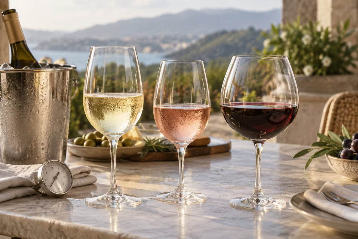 Tres copas de vino blanco, rosado y tinto servidas a distinta temperatura