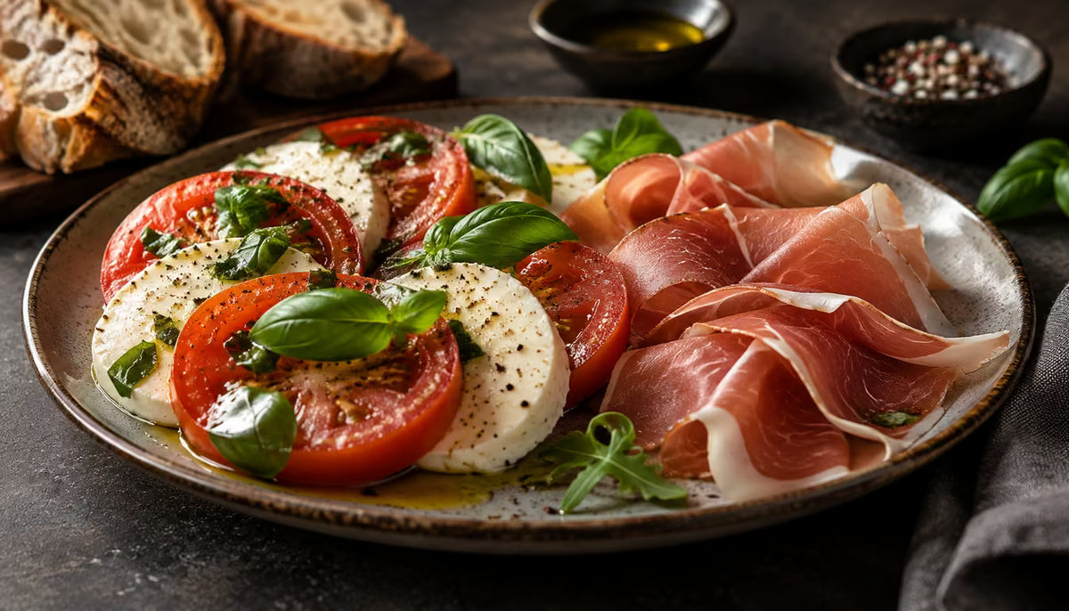 Ensalada caprese o prosciutto