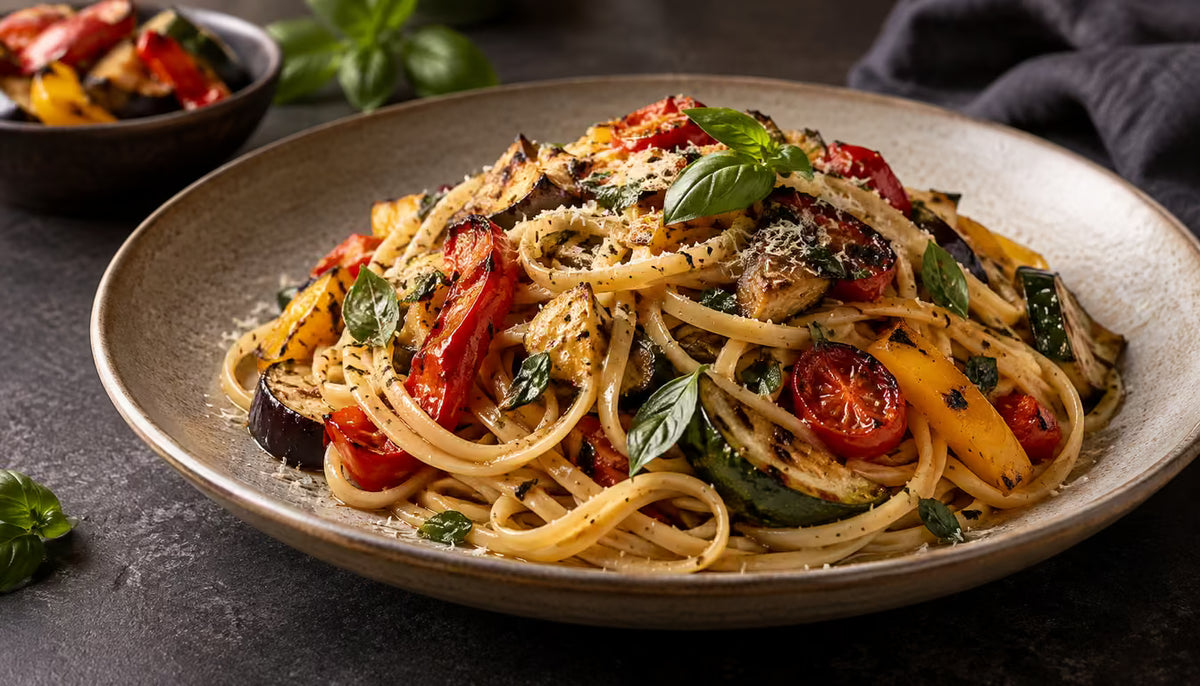 Linguine con verduras asadas