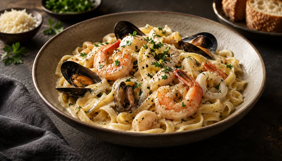Pastas cremosas con mariscos