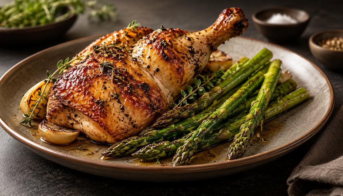 Pollo asado con espárragos