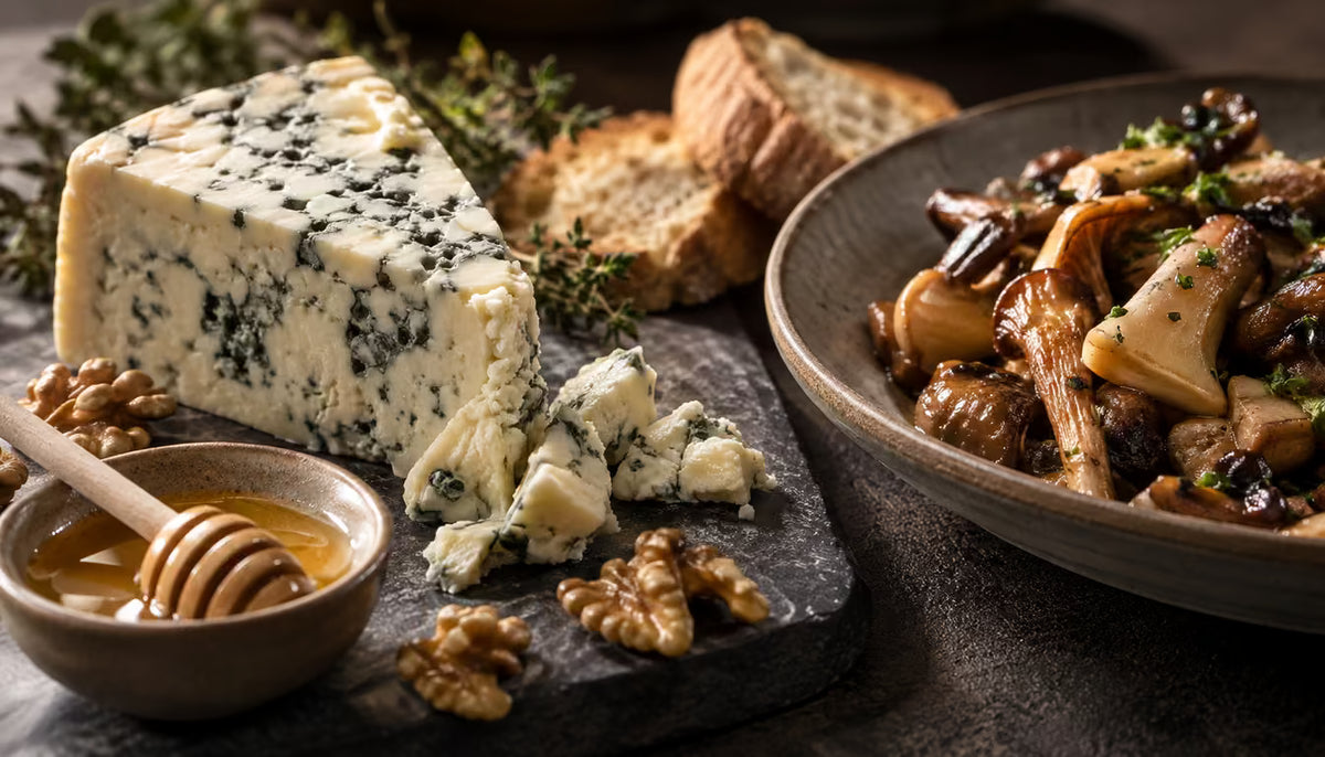 Queso azul o platos con setas